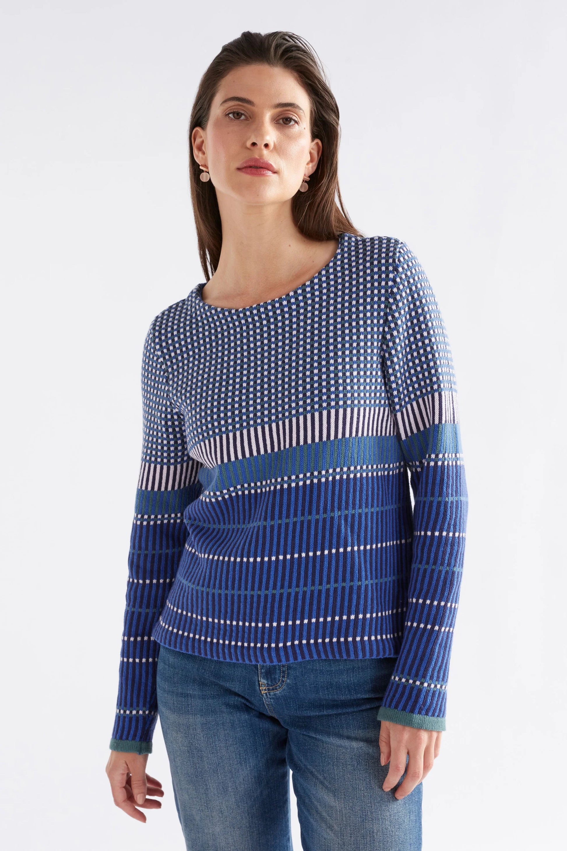 Elk Cila organic cotton knit sweater in blue multi stripe and check.