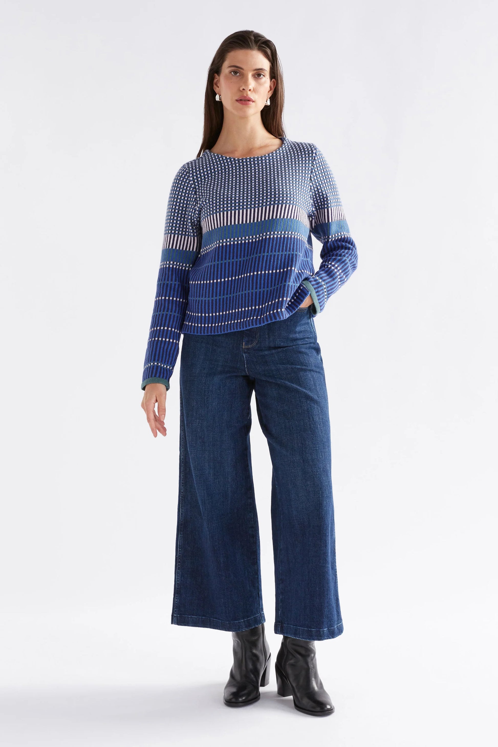 Elk Cila organic cotton knit sweater in blue multi stripe and check.