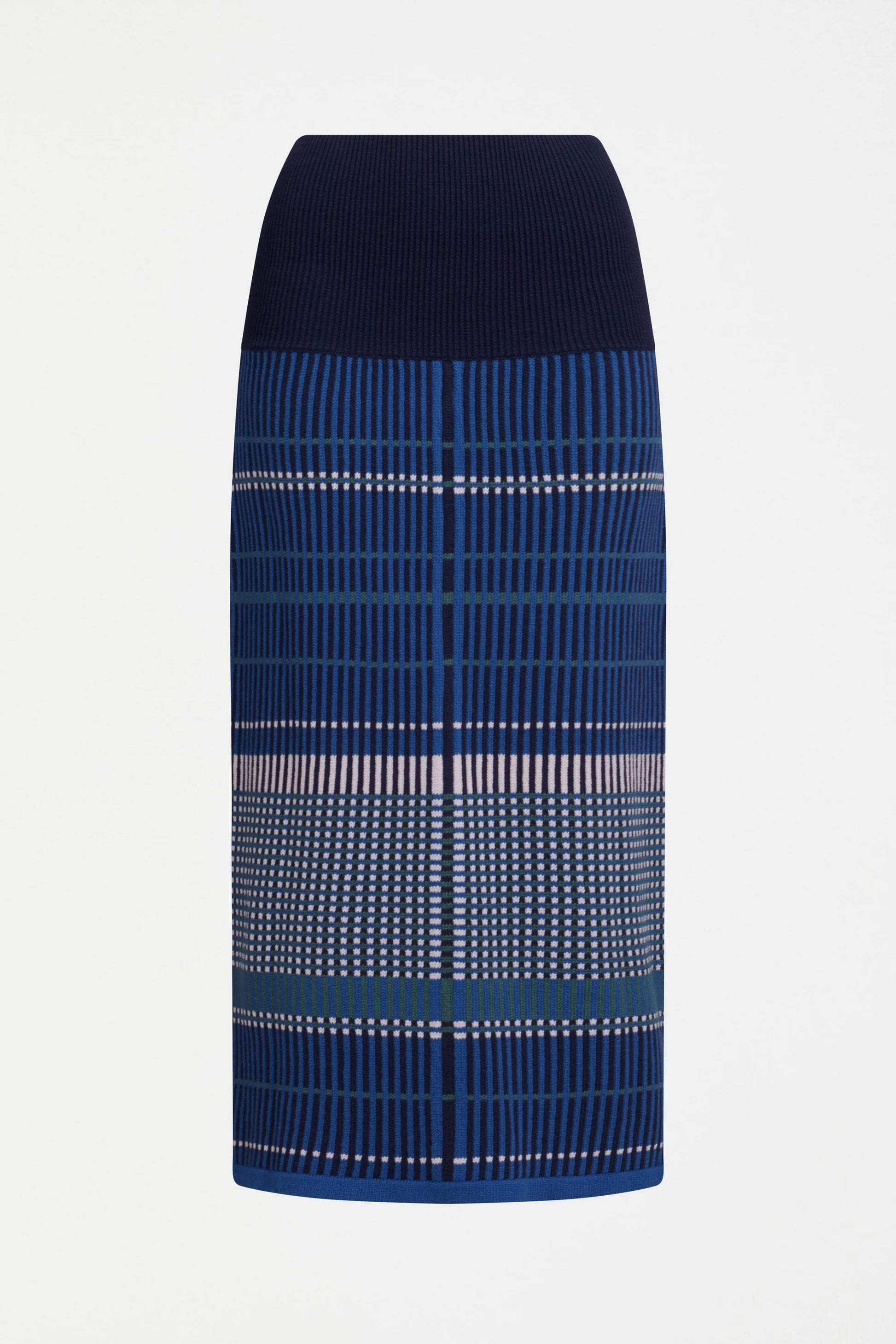 Elk Cila organic cotton knit skirt in blue multi check stripe.
