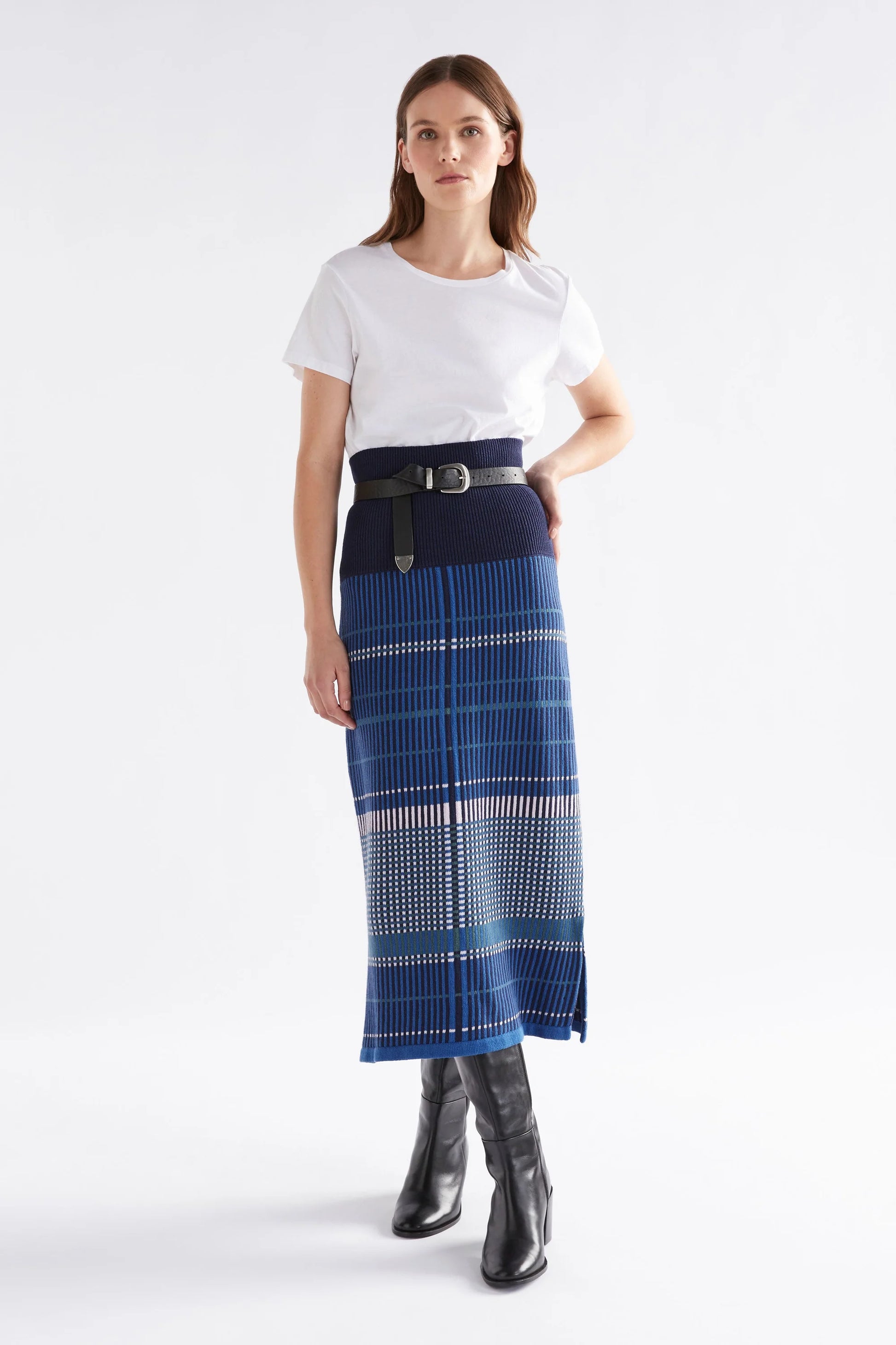 Elk Cila organic cotton knit skirt in blue multi check stripe.