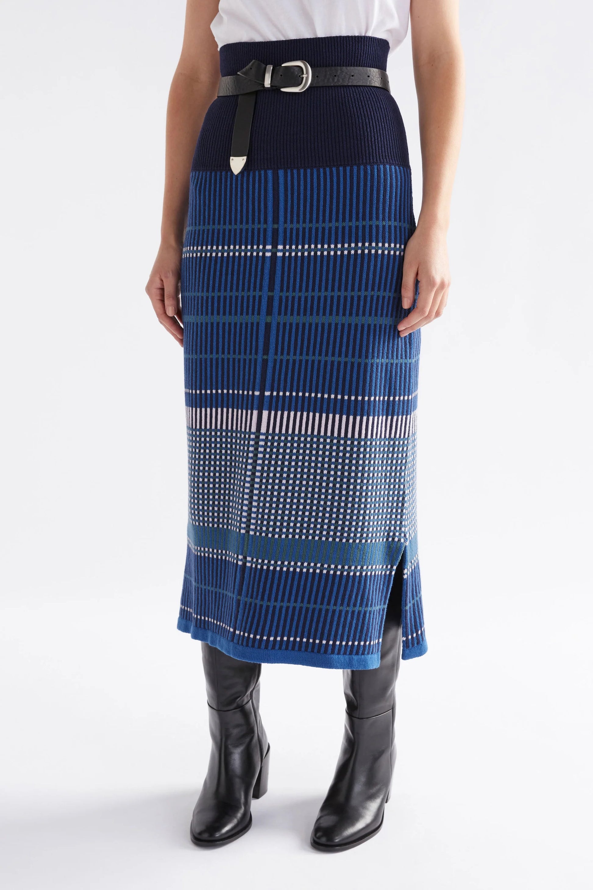 Elk Cila organic cotton knit skirt in blue multi check stripe.