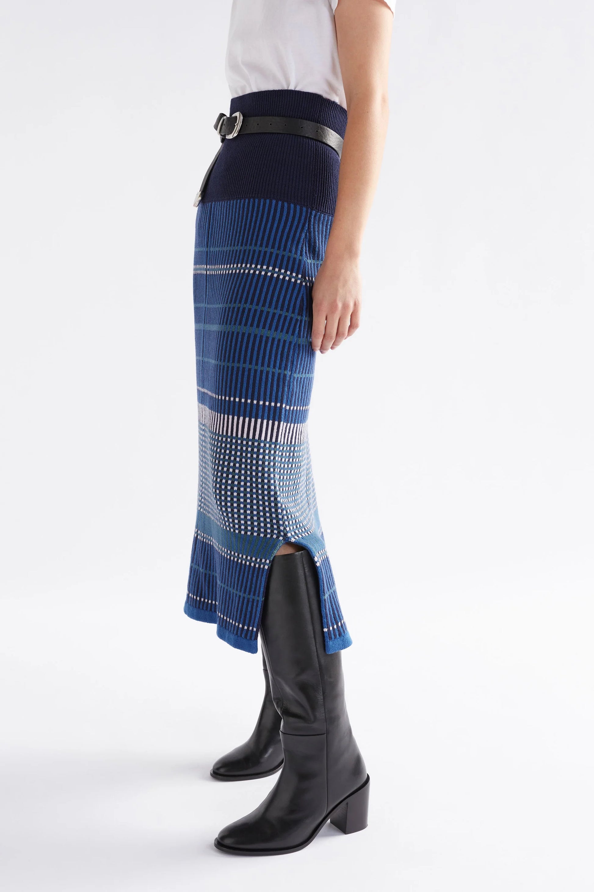 Elk Cila organic cotton knit skirt in blue multi check stripe.