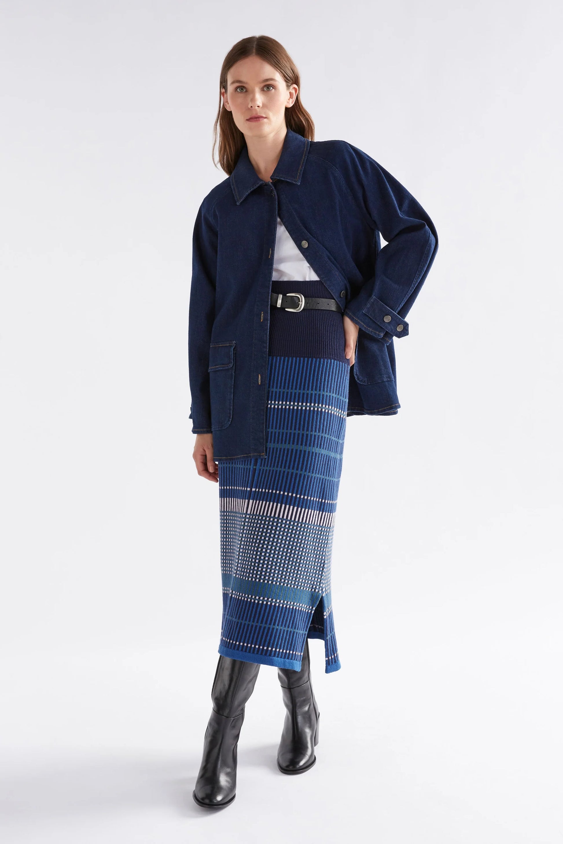 Elk Cila organic cotton knit skirt in blue multi check stripe.