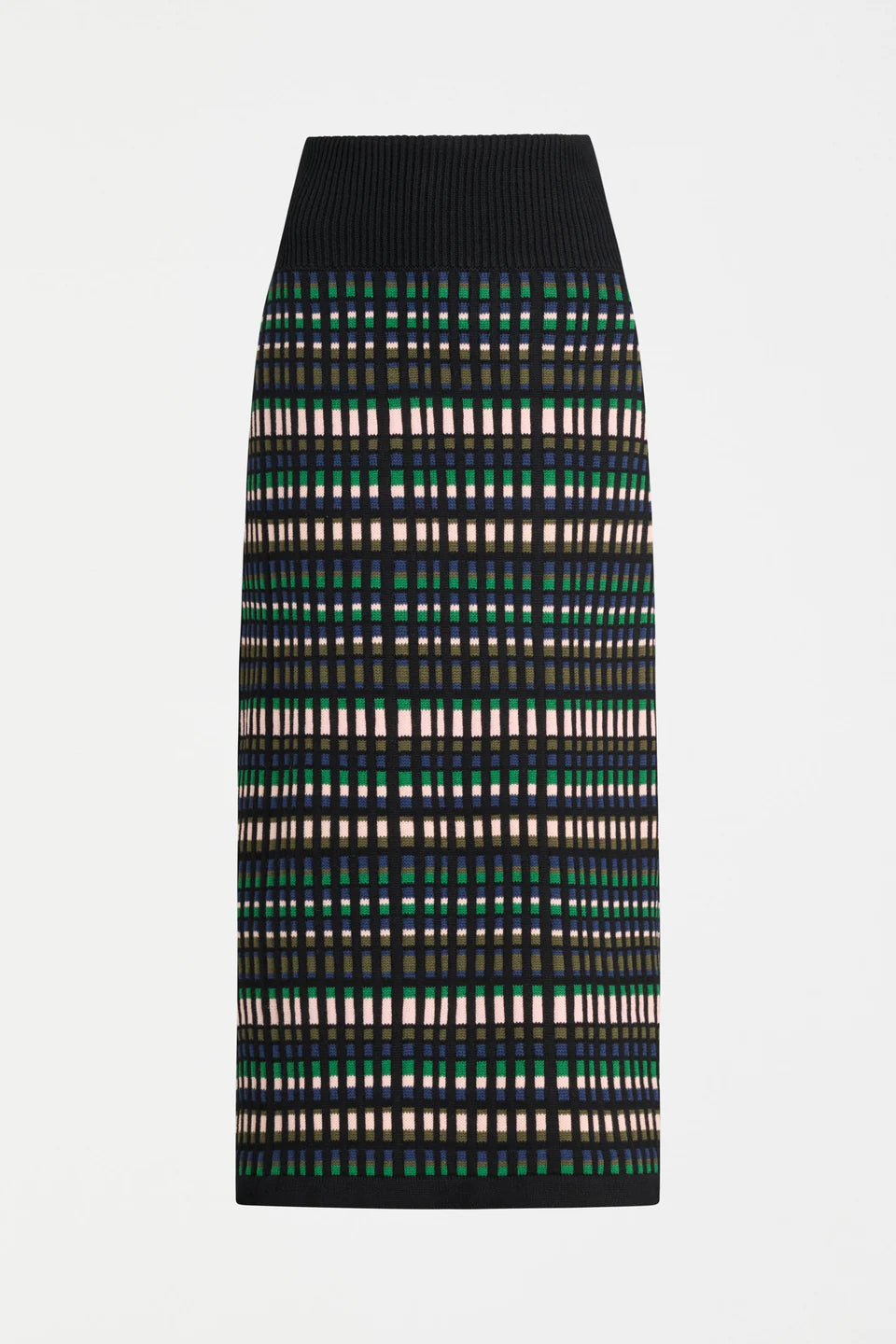 Elk Svea organic cotton knit striped pencil skirt with black, green, and beige pattern on a white background