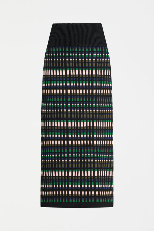 Elk Svea organic cotton knit striped pencil skirt with black, green, and beige pattern on a white background