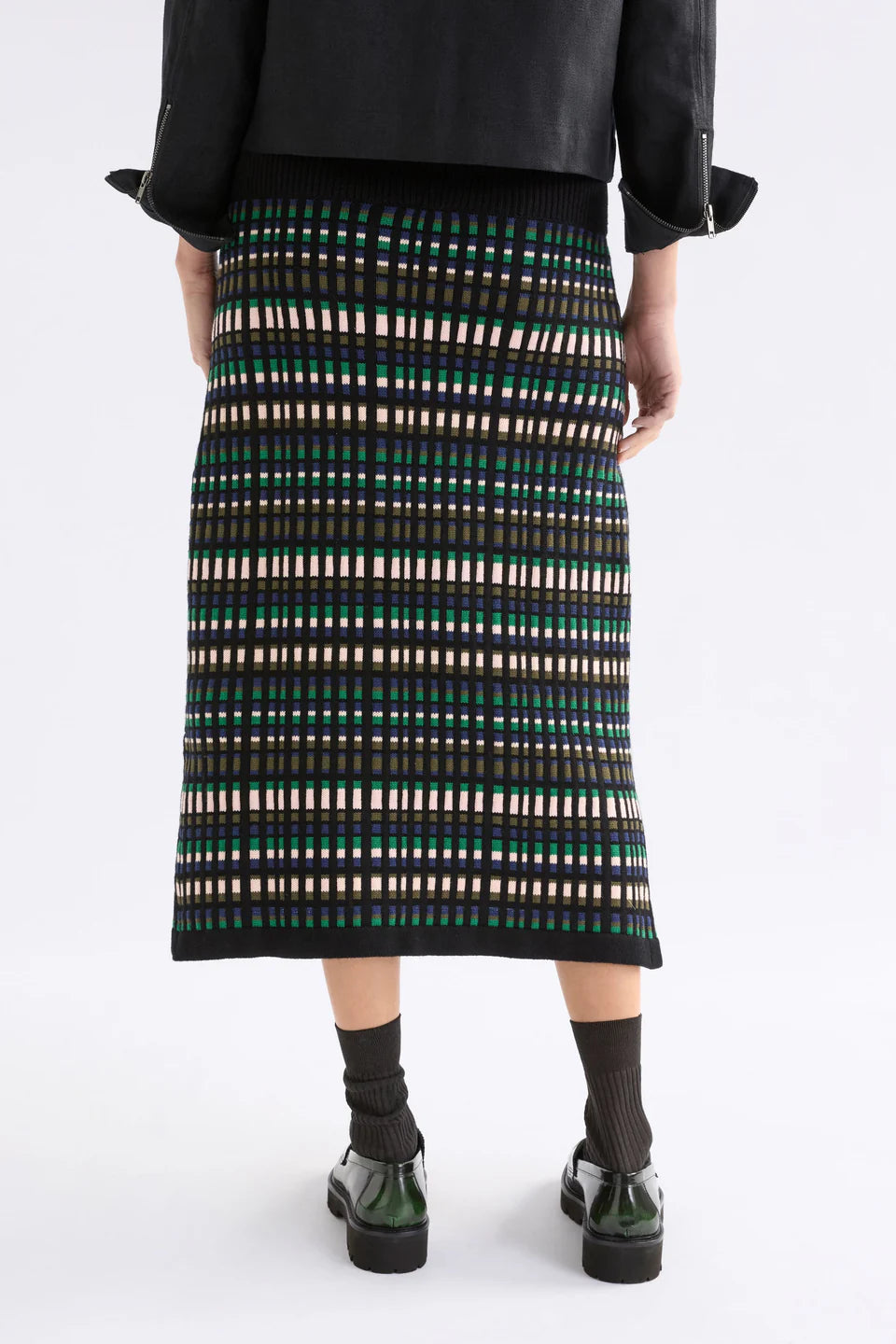 Elk Svea organic cotton knit striped pencil skirt with black, green, and beige pattern 