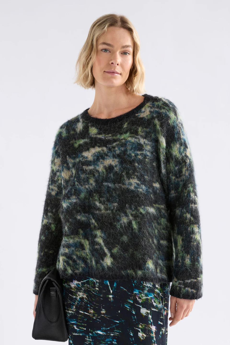 Elk Kallio camouflage-patterned oversized alpaca blend sweater.