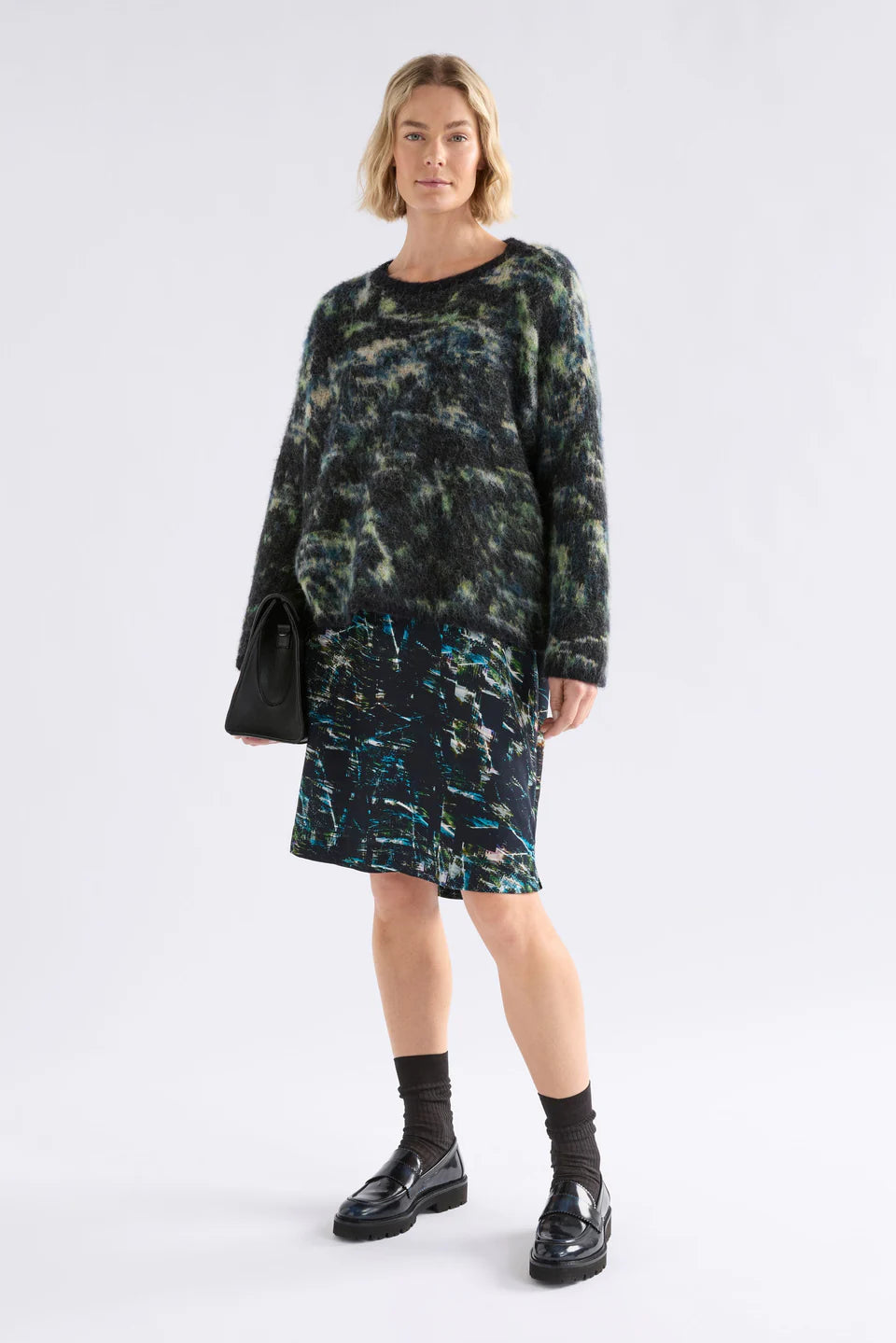 Elk Kallio camouflage-patterned oversized alpaca blend sweater.