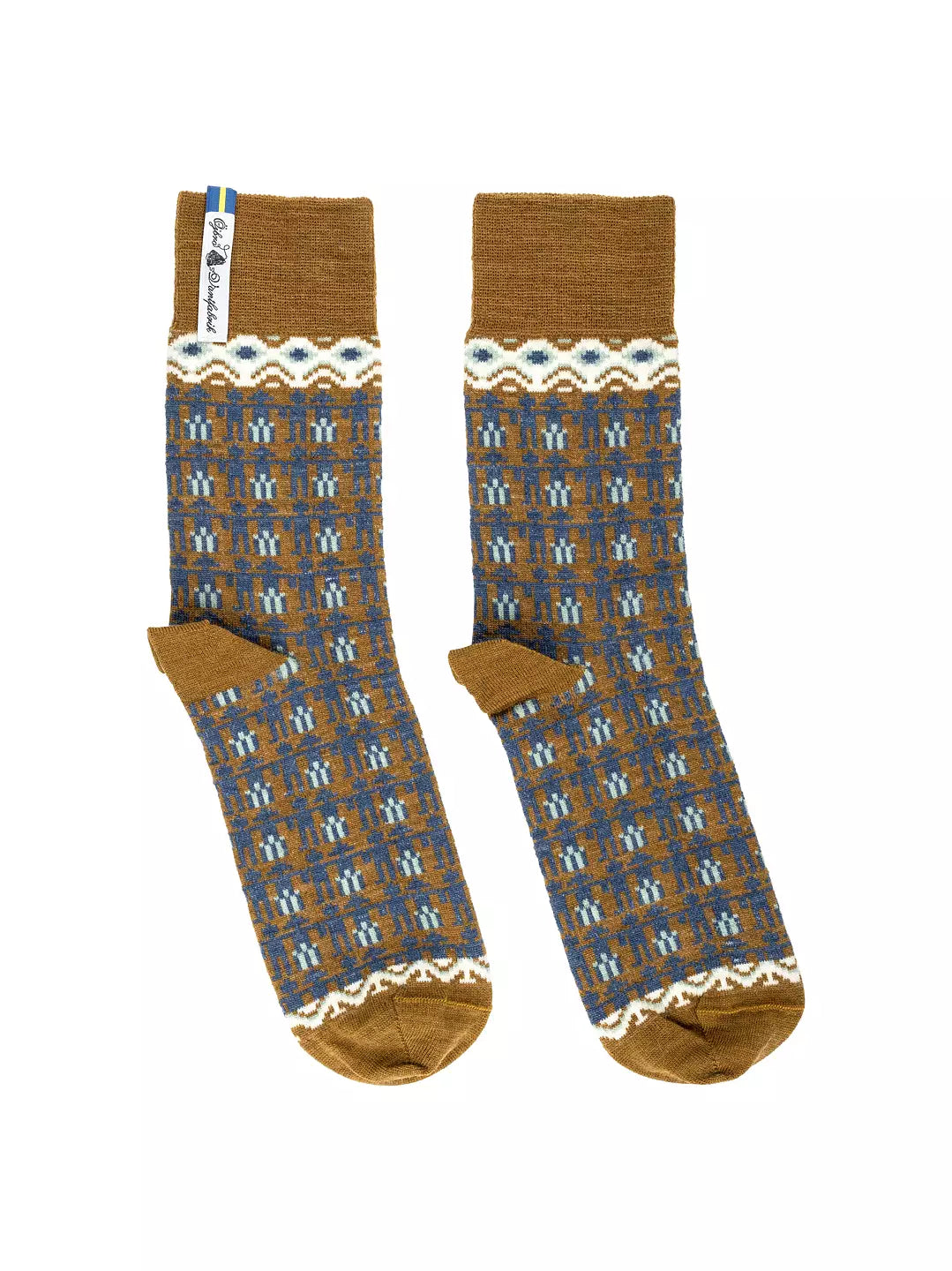 Ojbro Vantfabrik merino wool socks made in Sweden, Koren Katarina in brown and blue.