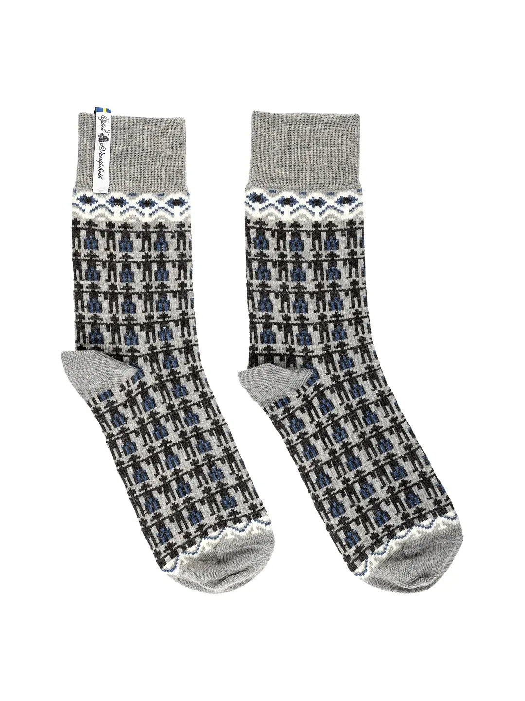 Ojbro Vantfabrik Koren Kerstin merino wool socks in grey, blue and brown, made in Sweden.