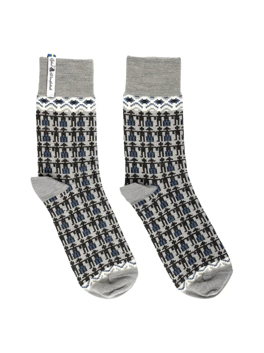 Ojbro Vantfabrik Koren Kerstin merino wool socks in grey, blue and brown, made in Sweden.