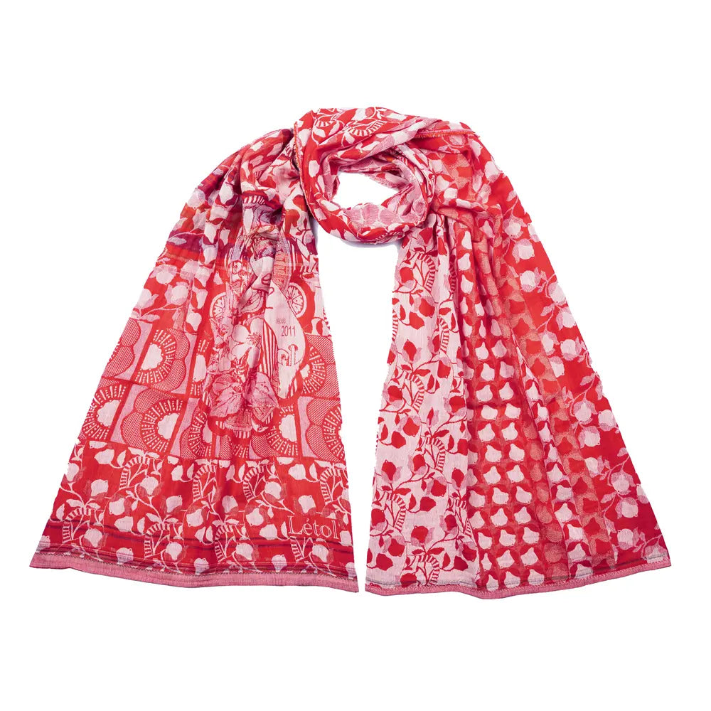 Letol organic cotton jacquard weave scarf Lino flowers and geometrics in cerise cherry red.