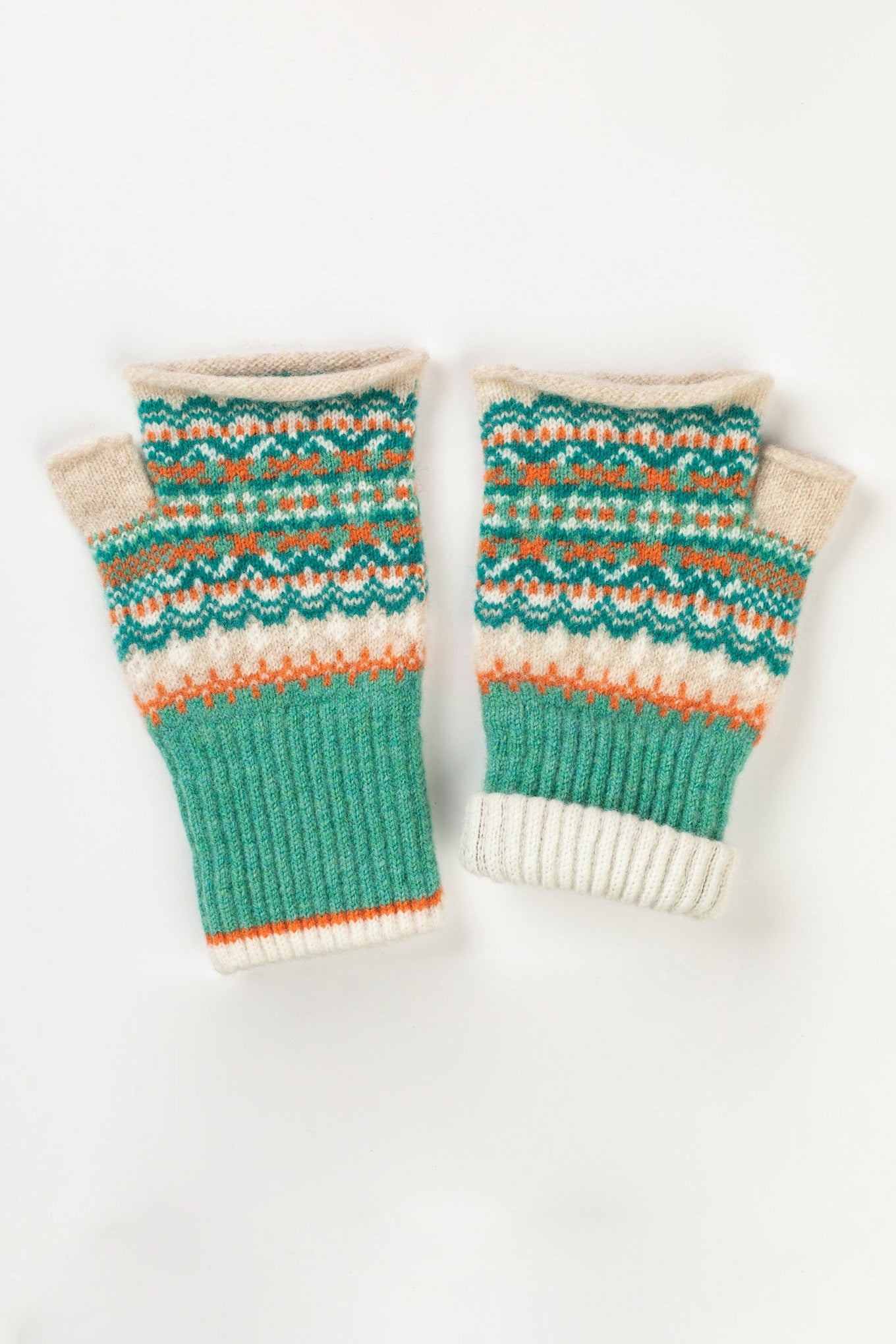 Eribe Alloa fairisle mittens in Elder - mint, coral and cream.