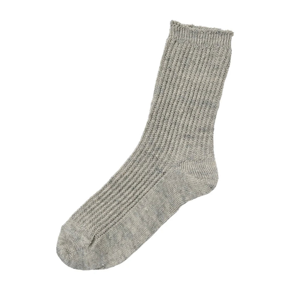 Memeri linen blend rib knit crew length sock made in Japan in light grey.