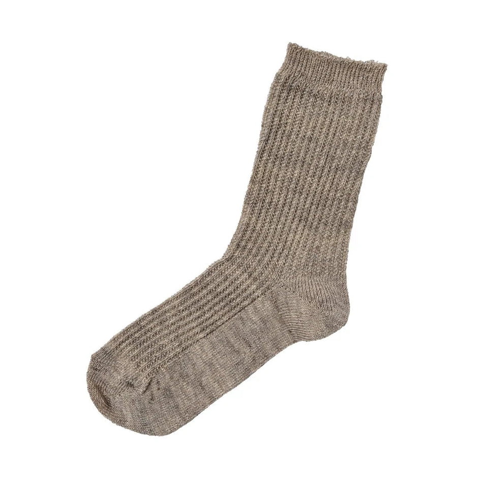 Memeri linen blend rib knit crew length sock made in Japan in white brown beige.
