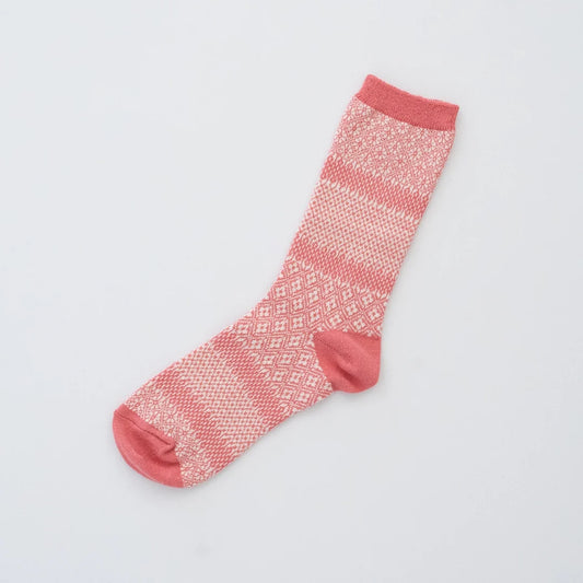 Memeri made in Japan cotton linen jacquard socks in coral pink.