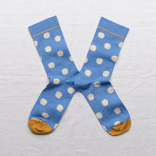Load image into Gallery viewer, Bonne Maison cotton socks white spots on Aegean blue.