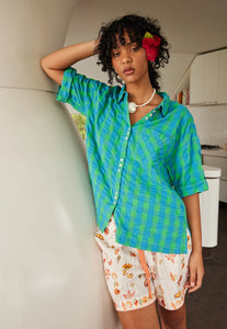 Nancybird blue and green verdant check seersucker Yaya button up short sleeve shirt.