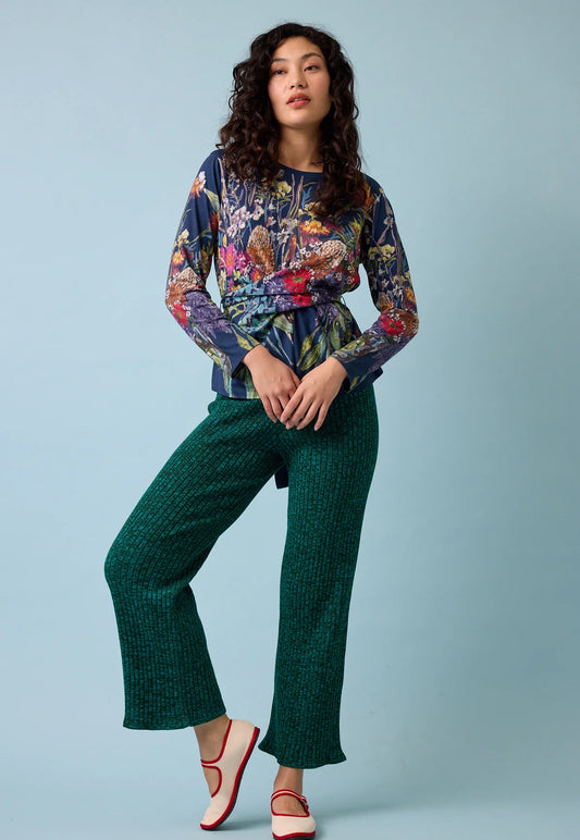 Nancybird cotton jersey ribbed knit Naho pants in speckled jade green.