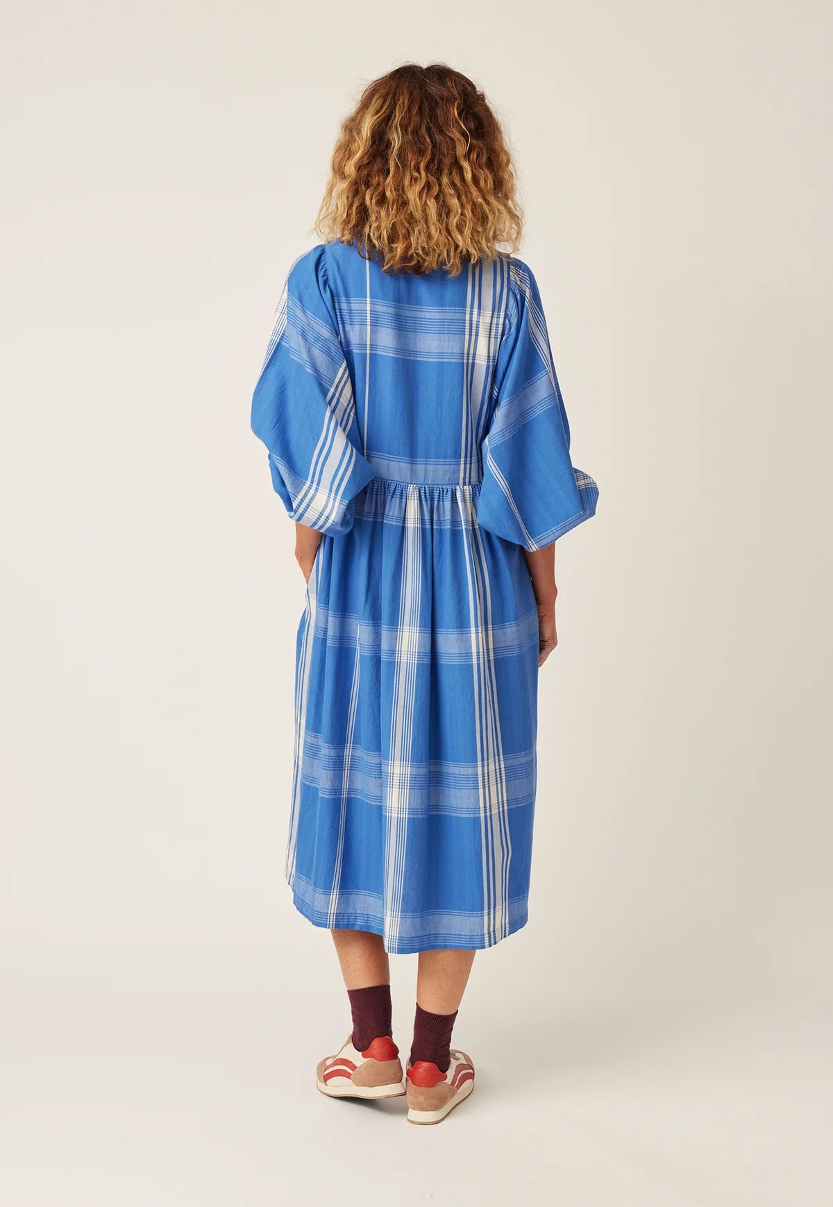Nancybird handwoven cotton plaid blue and white  Polly maxi dress.