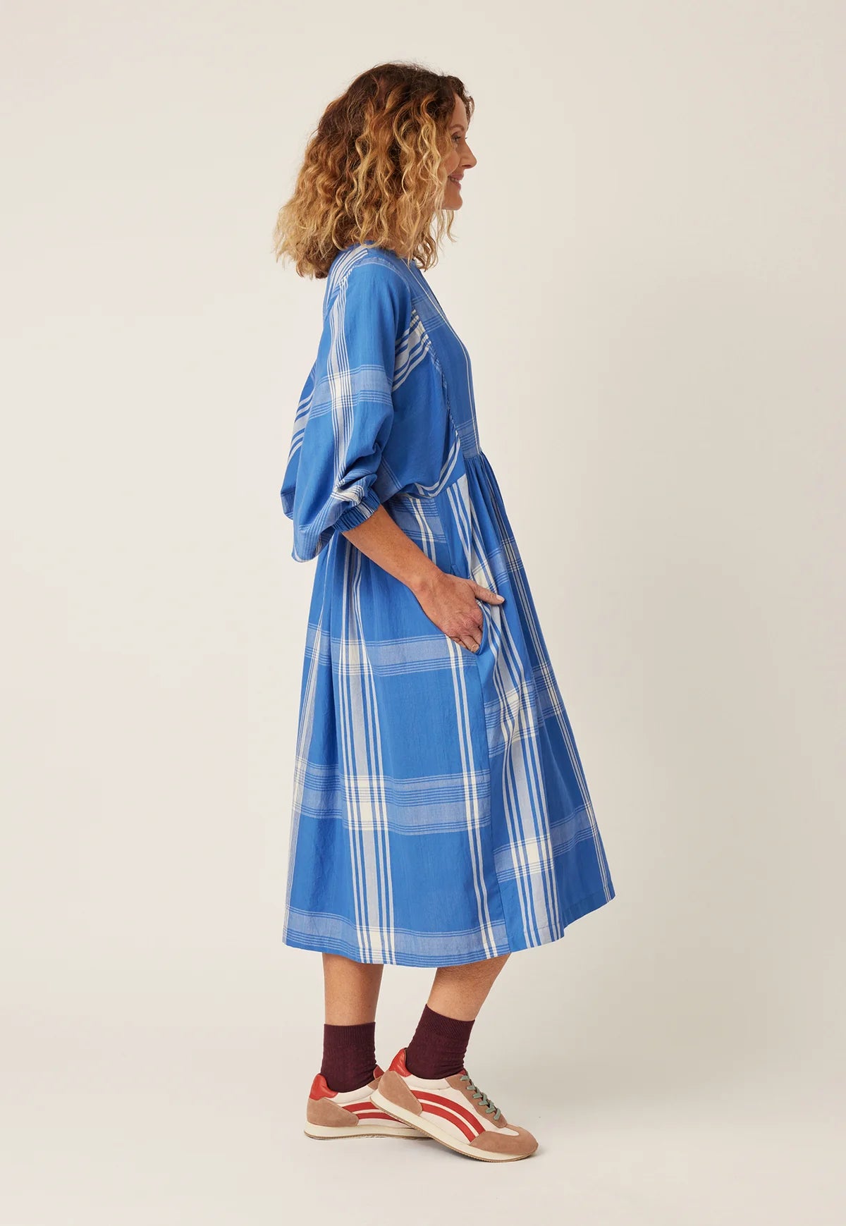 Nancybird handwoven cotton plaid blue and white  Polly maxi dress.