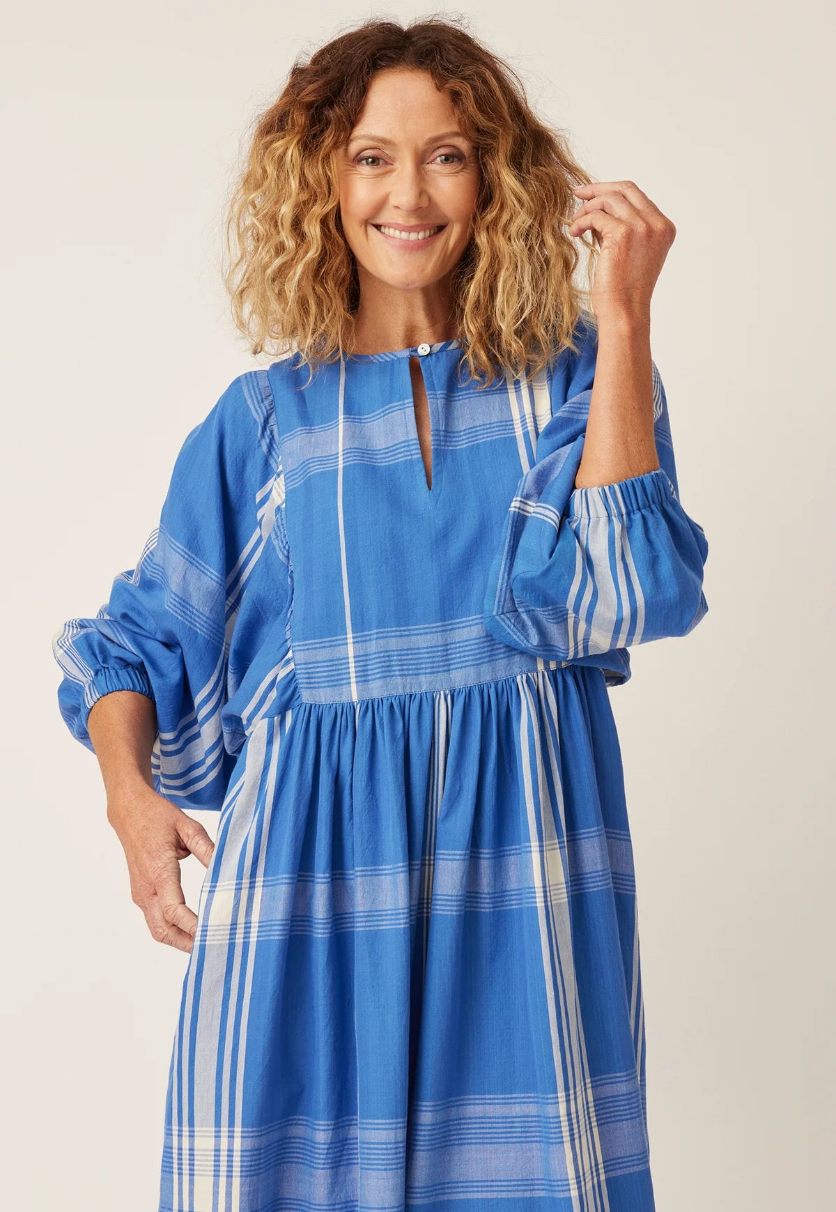 Nancybird handwoven cotton plaid blue and white  Polly maxi dress.