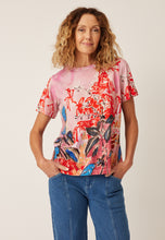 Load image into Gallery viewer, Nancybird organic cotton Apollo tee featuring correa garden floral print in pink, coral and denim blue.