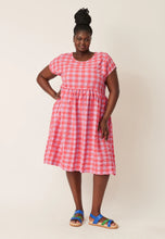 Load image into Gallery viewer, Nancybird Tathra dress in handwoven seersucker cotton coral and pink check.