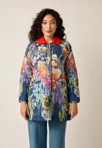 Nancybird organic cotton quilted trench coat Flora in blossom bouquet floral print.