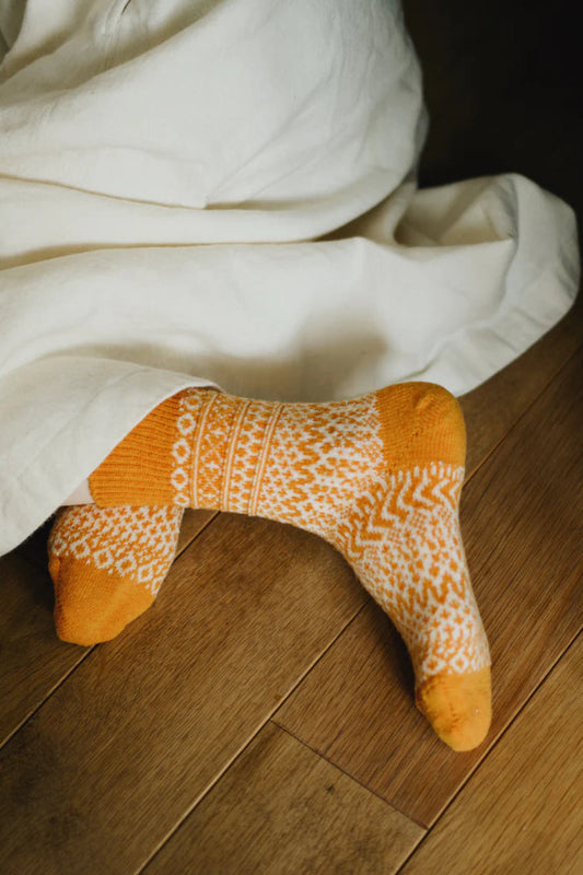 Nishiguchi Oslo wool jacquard socks in orange lantern.