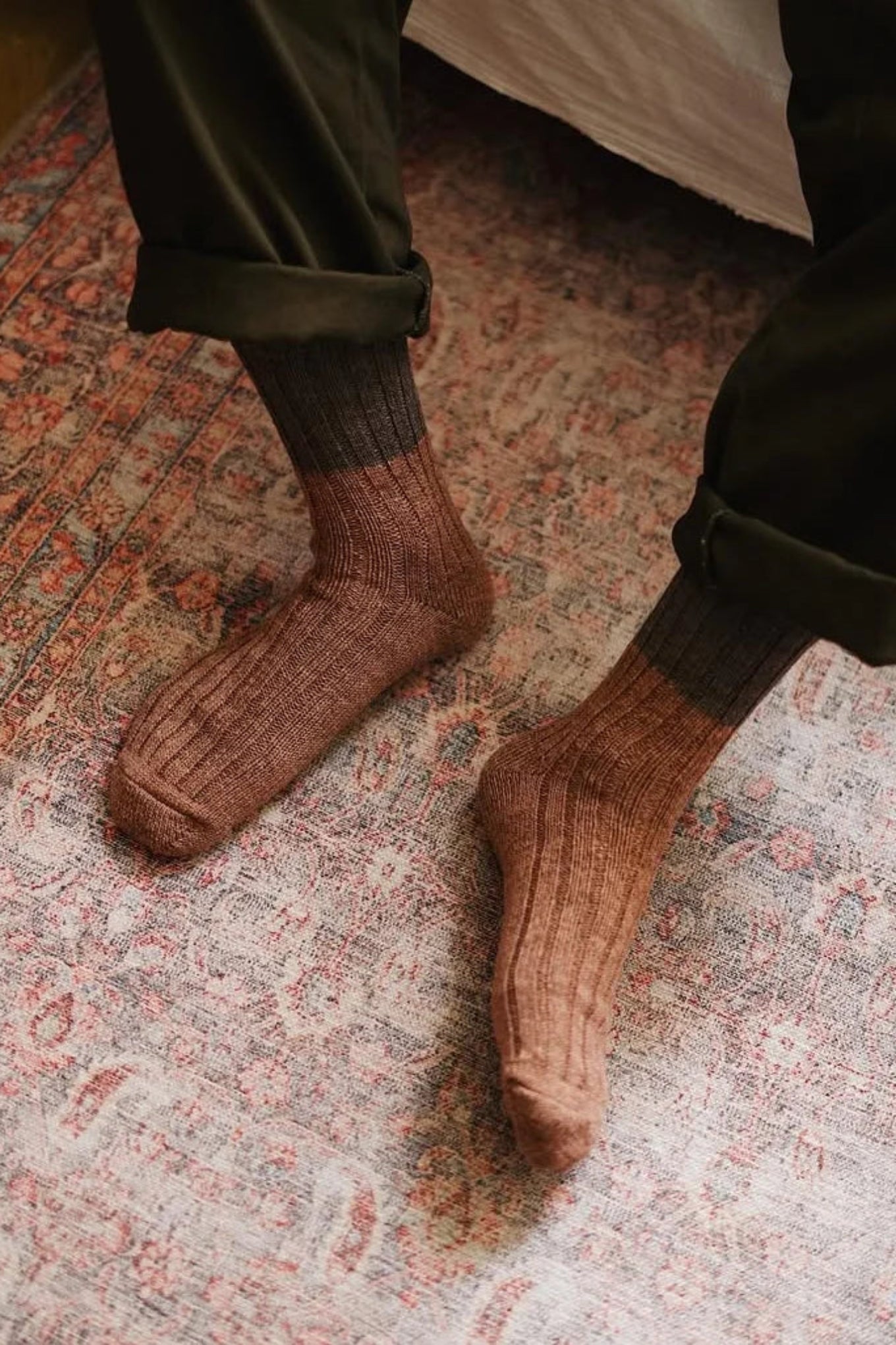 Nishiguchi Kustushita made in japan Boston wool cotton thick weave rib slab socks in two tone browns.