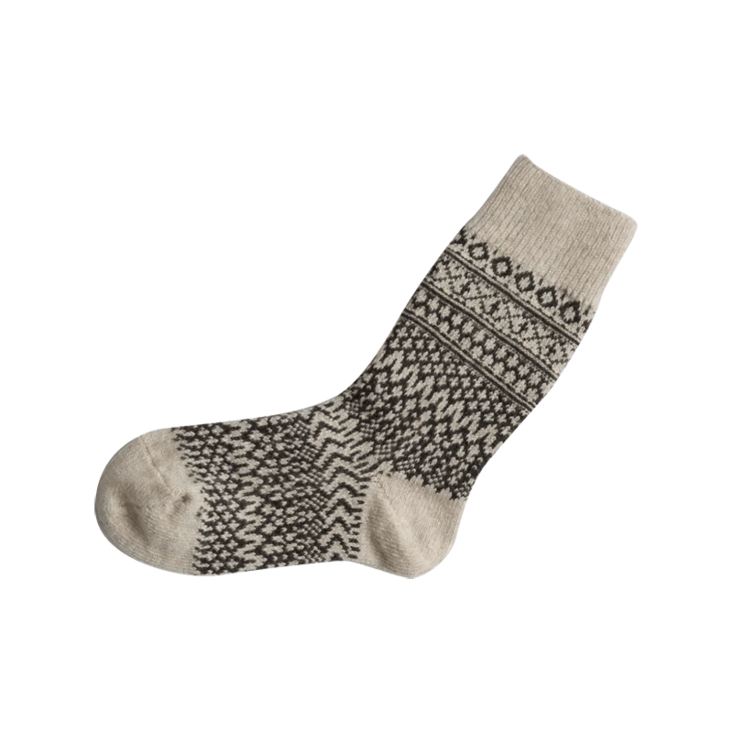 Nishigushi Kutsushita Oslo wool jacquard fairisle sock in Oatmeal with pepper black pattern.