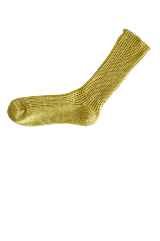 Nishiguchi made in Japan vintage yellow Boston cotton hemp crew length sock.