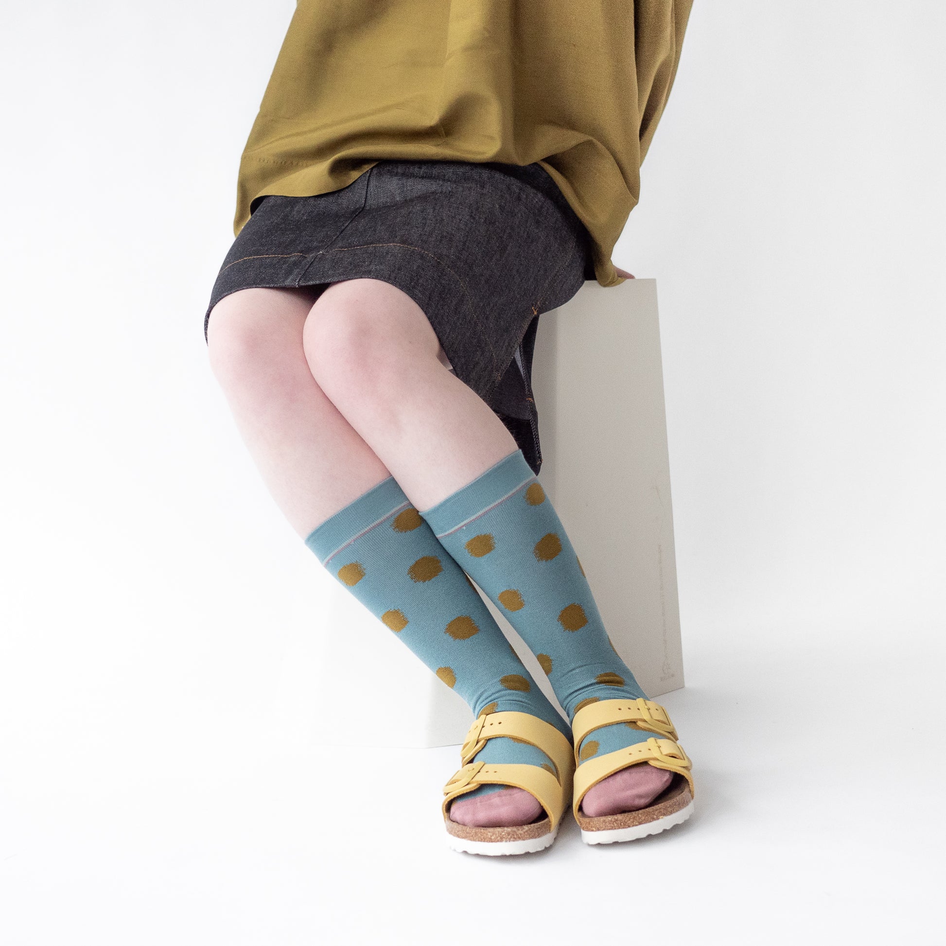 Bonne Maison made in France cotton socks polka dot absinthe khaki green on arctic blue.