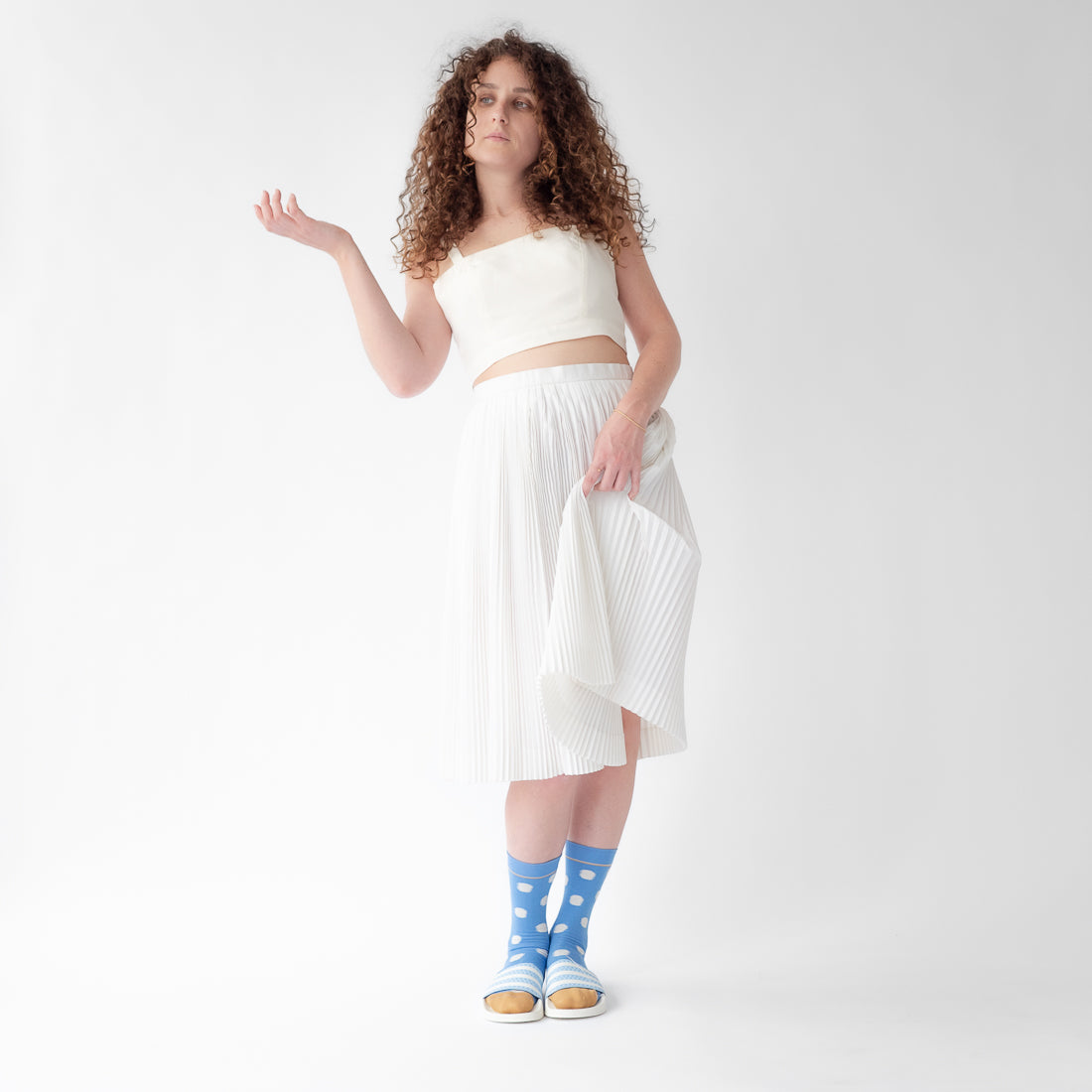 Bonne Maison cotton socks white spots on Aegean blue.