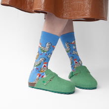 Load image into Gallery viewer, Bonne Maison cotton socks chickens on Aegean blue.