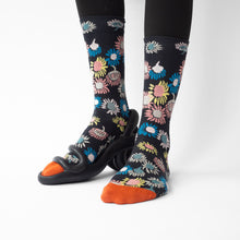 Load image into Gallery viewer, Bonne Maison colourful sunflowers on slate cotton socks.