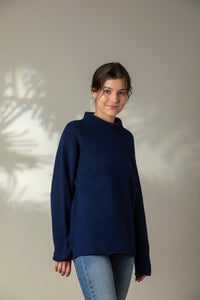 Eribe Corry raglan sweater in regatta blue.