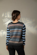 Load image into Gallery viewer, Eribe Stobo reversible fairisle and stripe sweater in soft lambswool, Phoebe navy and blue with tan and orange.