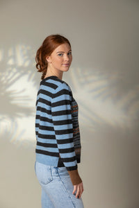 Eribe Stobo reversible fairisle and stripe sweater in soft lambswool, Phoebe navy and blue with tan and orange.
