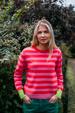 Load image into Gallery viewer, Eribe Stobo reversible fairisle and stripe sweater in soft lambswool, Rosa in pink and re with highlights of  orange, lime and leaf green.