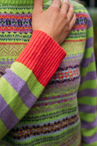 Eribe Stobo lambswool reversible stripe and fairisle sweater in Luscious lime, lavender and orange.