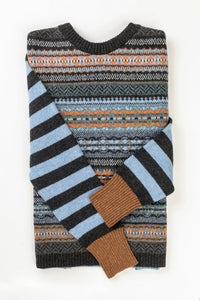 Eribe Stobo reversible fairisle and stripe sweater in soft lambswool, Phoebe navy and blue with tan and orange.