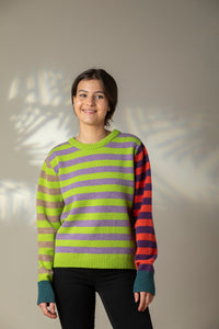 Eribe Stobo stripe reversible lambswool sweater in Luscious, lime and lavender and orange and purple and teal.