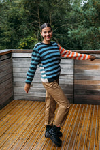 Load image into Gallery viewer, Eribe Stobo stripe reversible lambswool sweater in Phoebe, light blue and navy, cream and  terracotta and teal stripes.