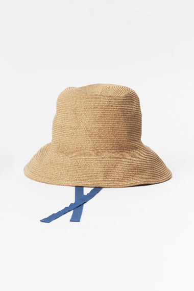 Parcnique Alma paper hat made in Japan PCNQ, natural with blue ribbon tie.