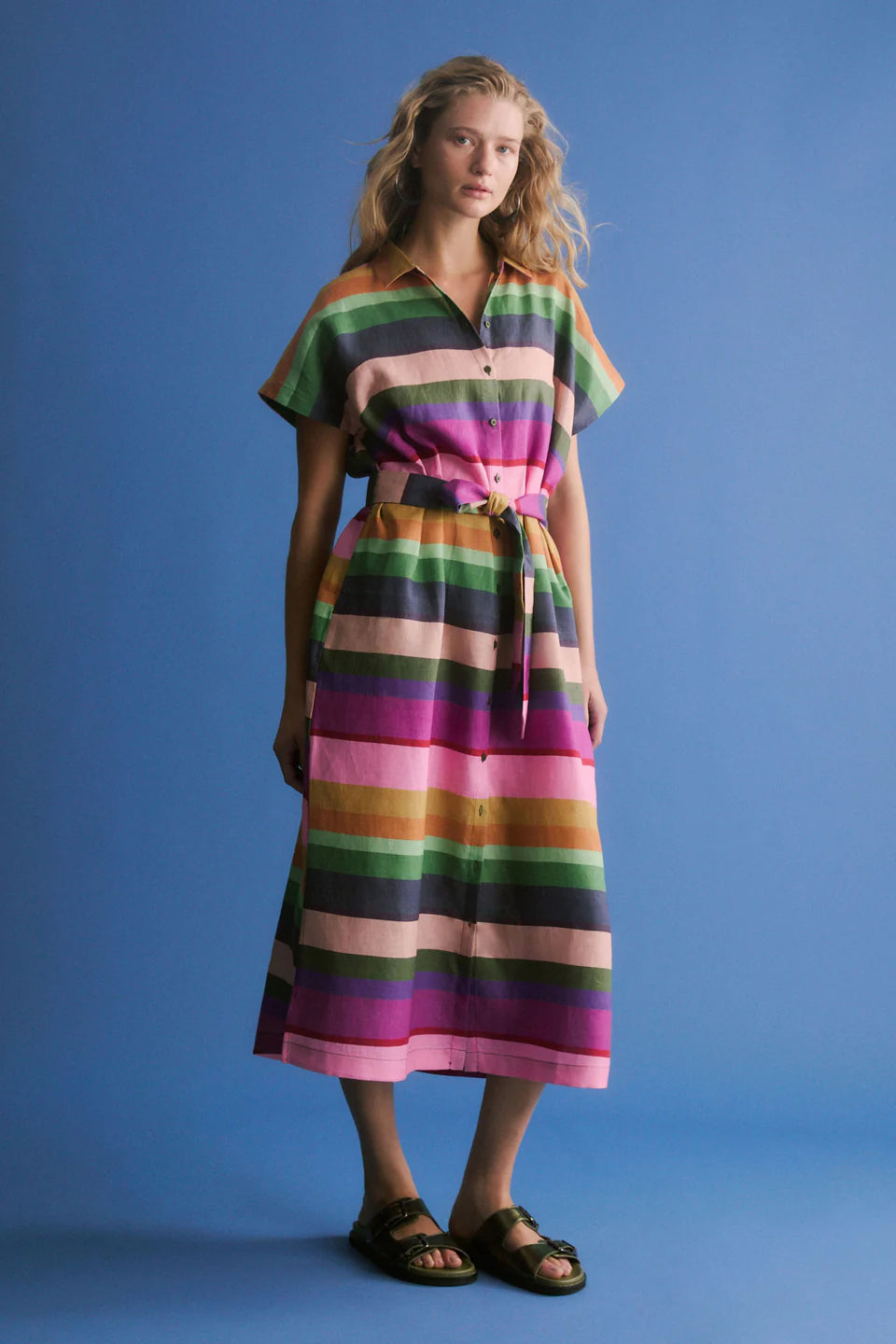Elk Lysbro multicolour stripe print French linen shirt dress.