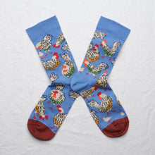 Load image into Gallery viewer, Bonne Maison cotton socks chickens on Aegean blue.