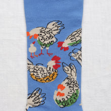 Load image into Gallery viewer, Bonne Maison cotton socks chickens on Aegean blue.