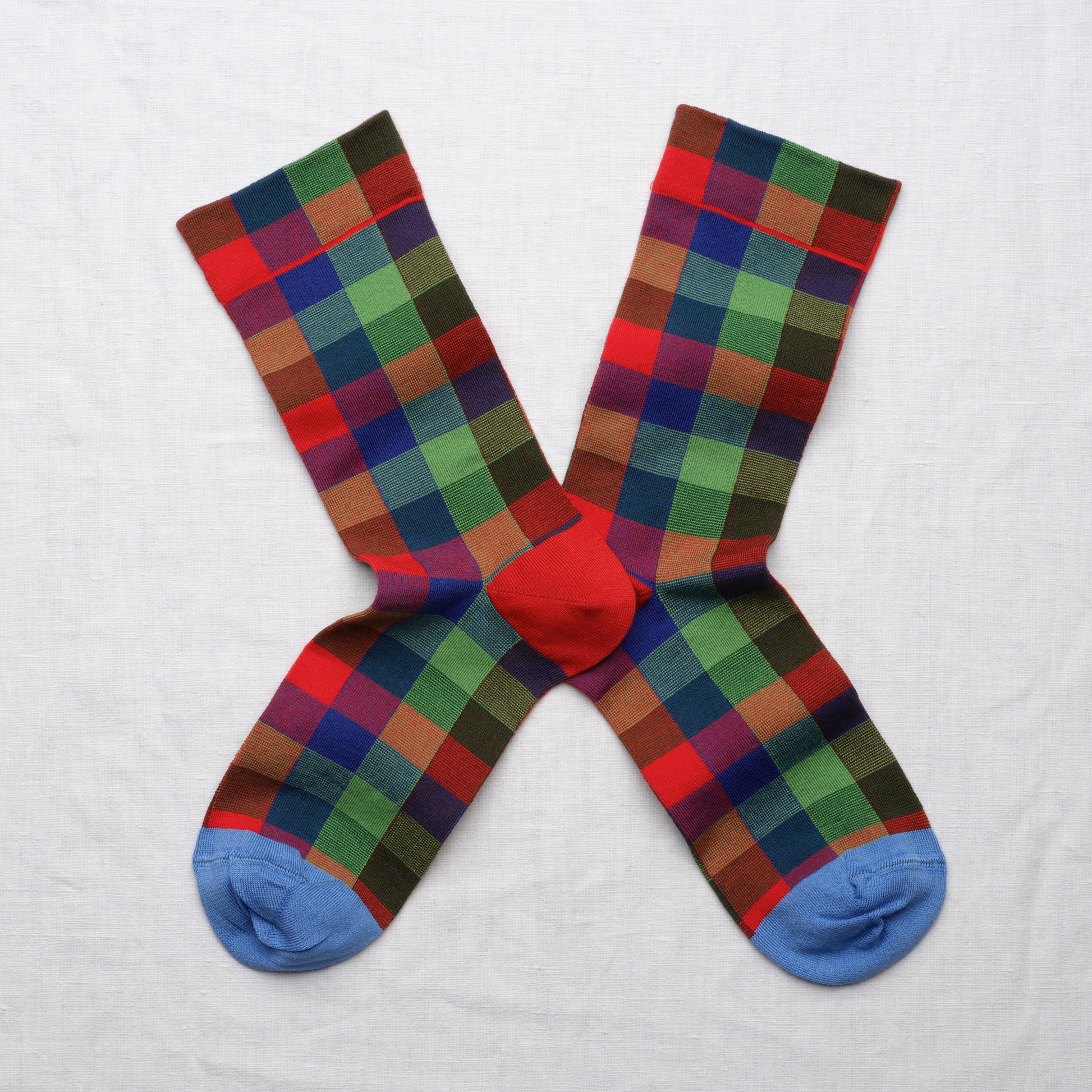 Bonne Maison cotton multico check socks in carnation.